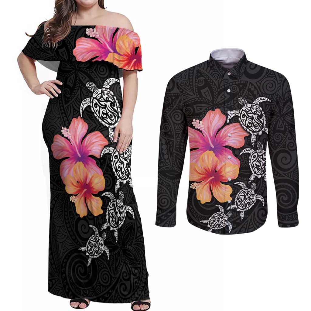 Hawaiian Hibiscus Turtle Tribal Polynesian Pattern Couples Matching Off Shoulder Maxi Dress and Long Sleeve Button Shirt Black Color LT03 Black - Polynesian Pride