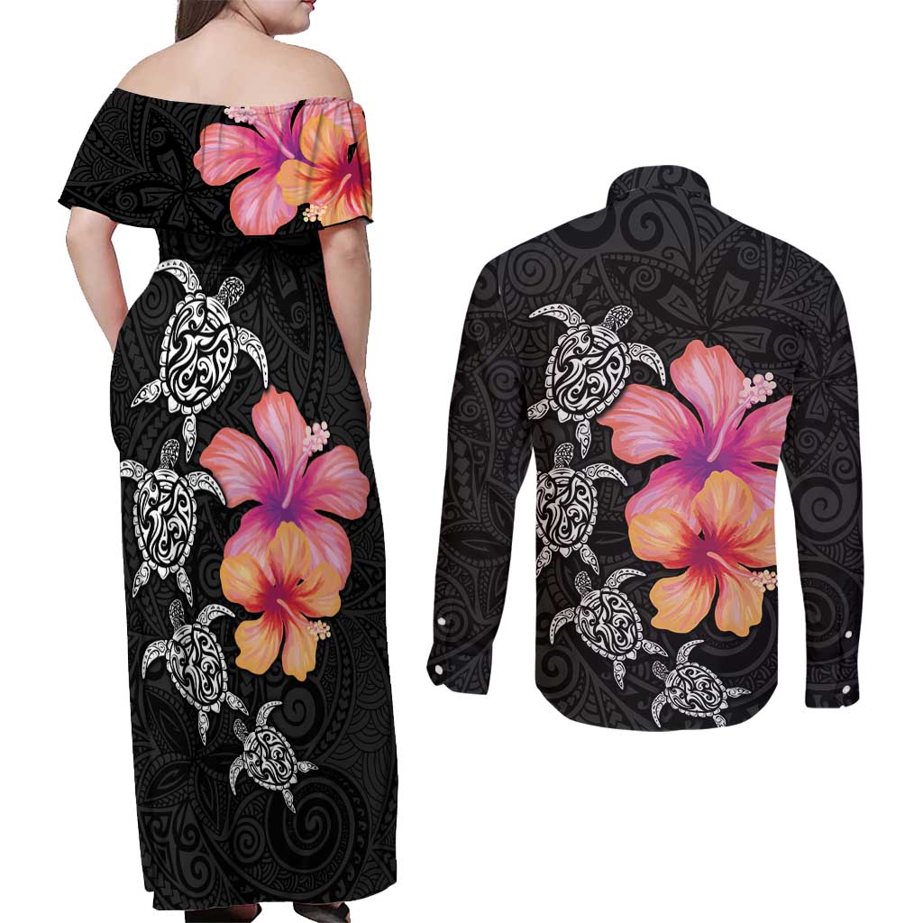 Hawaiian Hibiscus Turtle Tribal Polynesian Pattern Couples Matching Off Shoulder Maxi Dress and Long Sleeve Button Shirt Black Color LT03 - Polynesian Pride