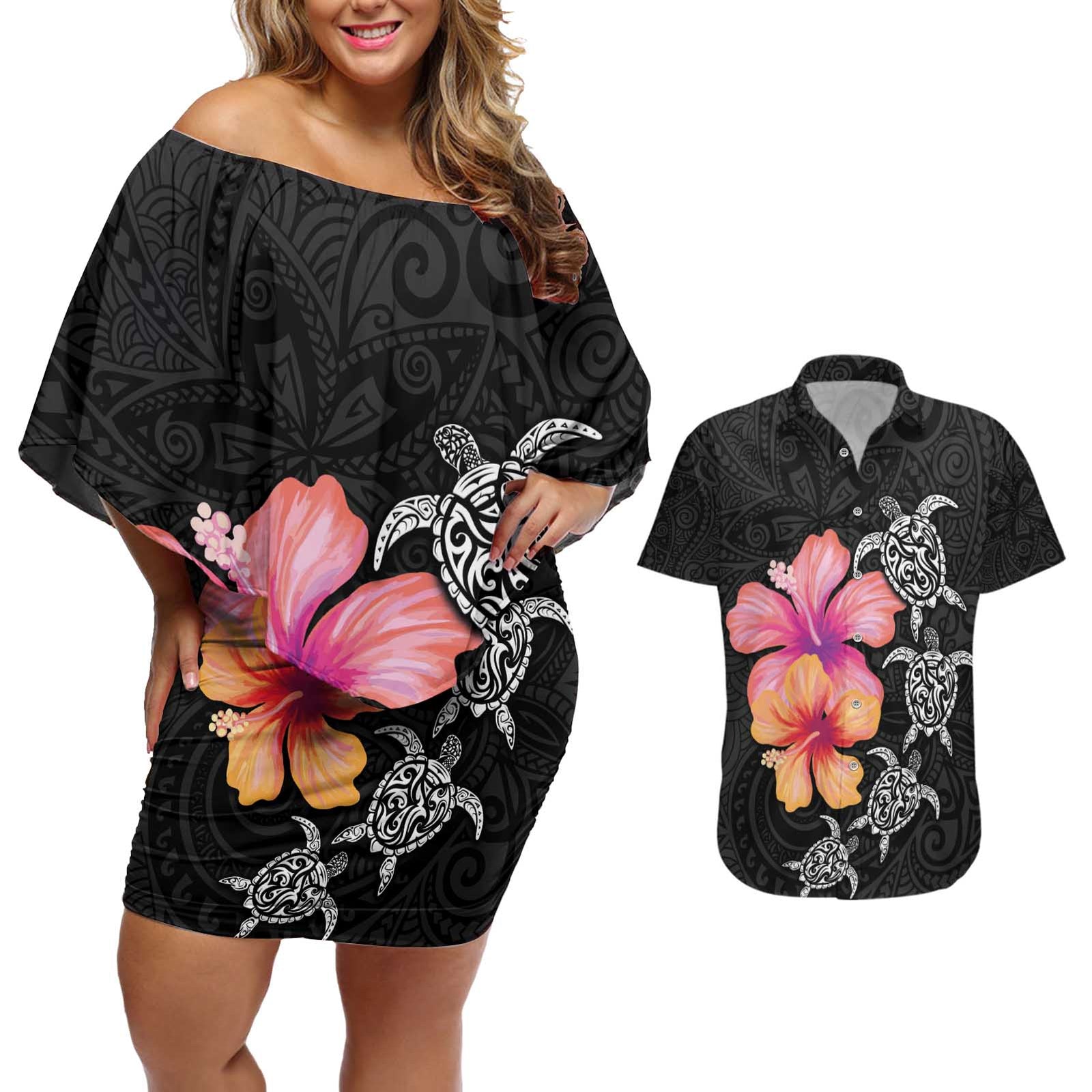 Hawaiian Hibiscus Turtle Tribal Polynesian Pattern Couples Matching Off Shoulder Short Dress and Hawaiian Shirt Black Color LT03 Black - Polynesian Pride