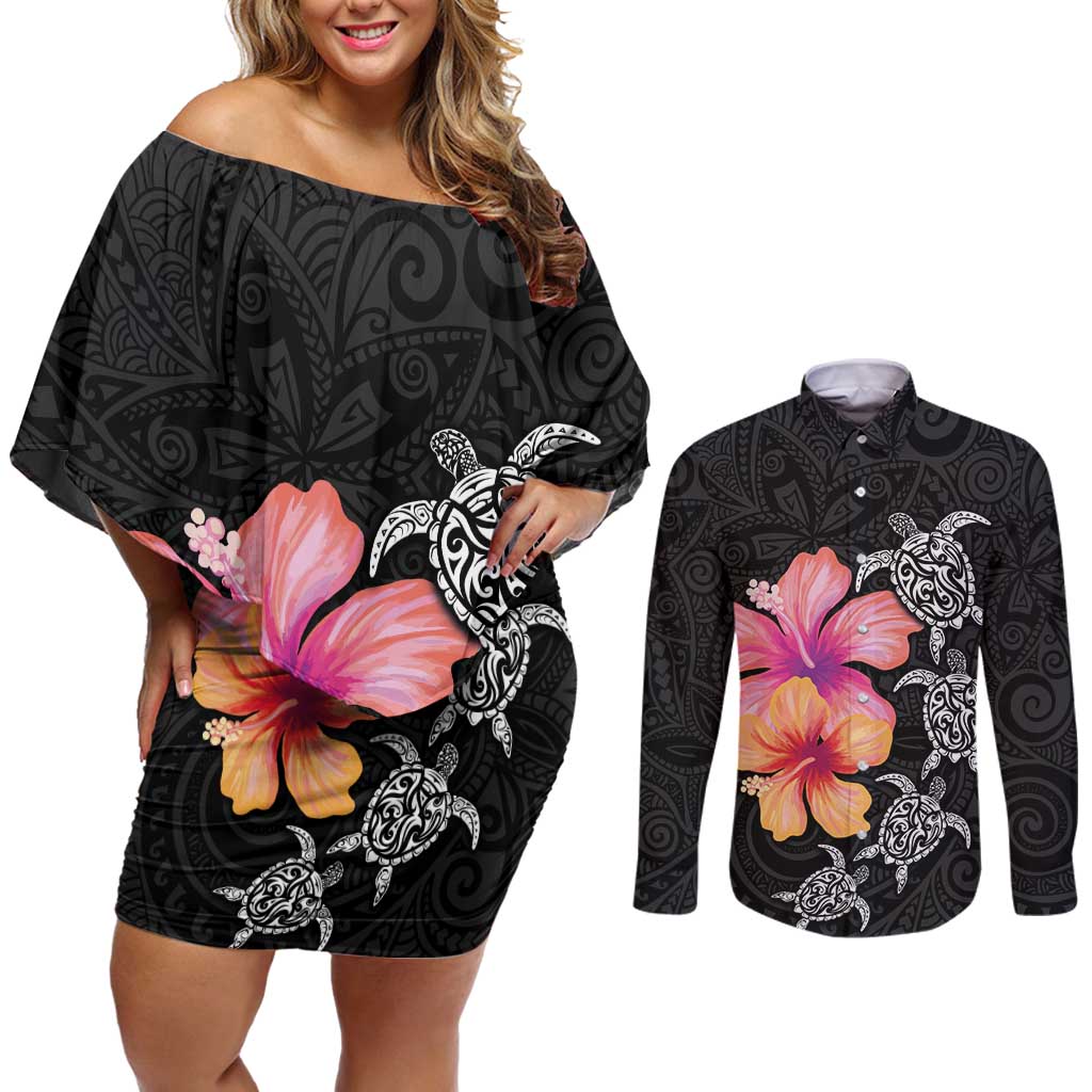 Hawaiian Hibiscus Turtle Tribal Polynesian Pattern Couples Matching Off Shoulder Short Dress and Long Sleeve Button Shirt Black Color LT03 Black - Polynesian Pride