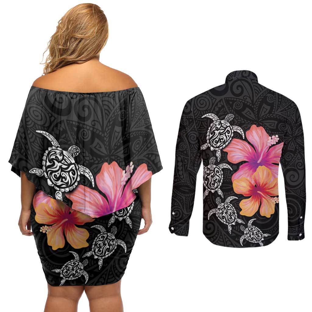 Hawaiian Hibiscus Turtle Tribal Polynesian Pattern Couples Matching Off Shoulder Short Dress and Long Sleeve Button Shirt Black Color LT03 - Polynesian Pride