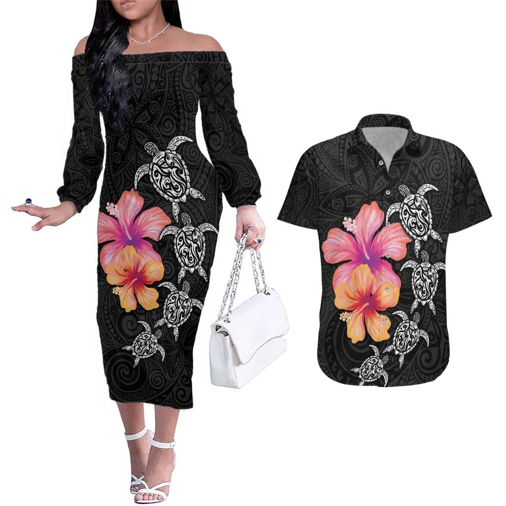 Hawaiian Hibiscus Turtle Tribal Polynesian Pattern Couples Matching Off The Shoulder Long Sleeve Dress and Hawaiian Shirt Black Color LT03 Black - Polynesian Pride