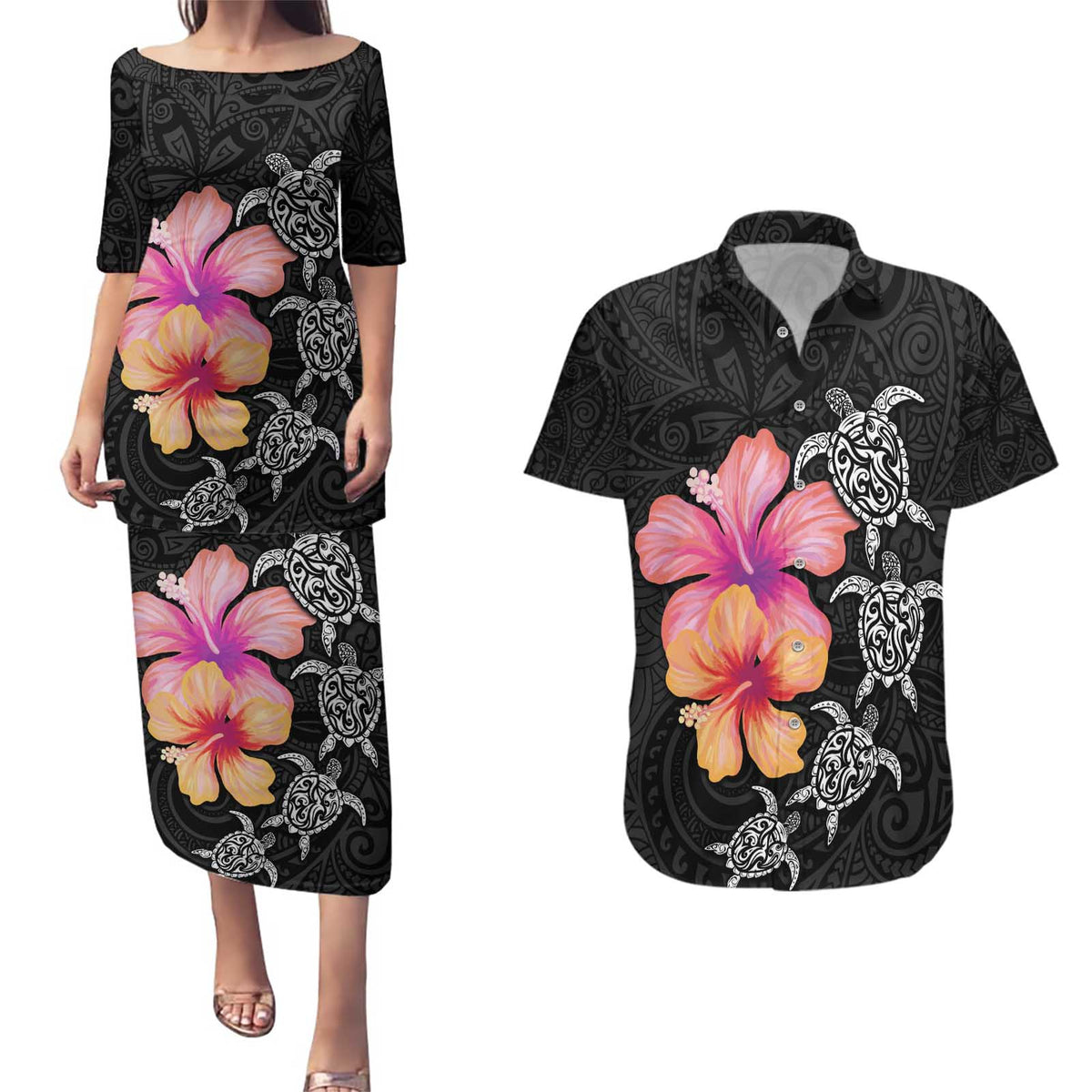 Hawaiian Hibiscus Turtle Tribal Polynesian Pattern Couples Matching Puletasi and Hawaiian Shirt Black Color LT03 Black - Polynesian Pride