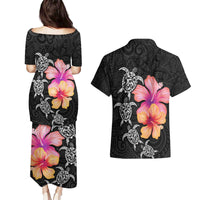 Hawaiian Hibiscus Turtle Tribal Polynesian Pattern Couples Matching Puletasi and Hawaiian Shirt Black Color LT03 - Polynesian Pride