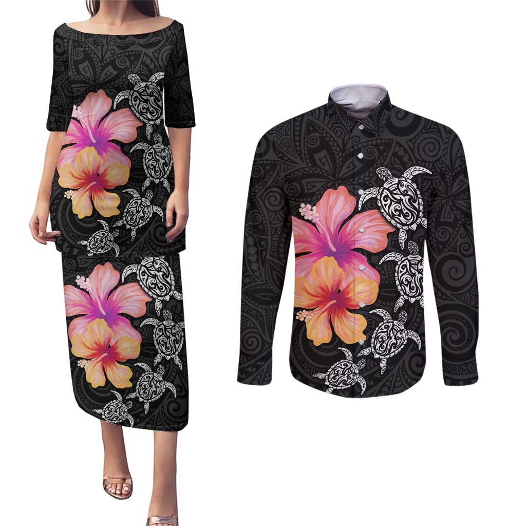 Hawaiian Hibiscus Turtle Tribal Polynesian Pattern Couples Matching Puletasi and Long Sleeve Button Shirt Black Color LT03 Black - Polynesian Pride