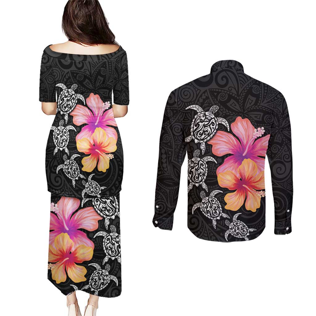 Hawaiian Hibiscus Turtle Tribal Polynesian Pattern Couples Matching Puletasi and Long Sleeve Button Shirt Black Color LT03 - Polynesian Pride