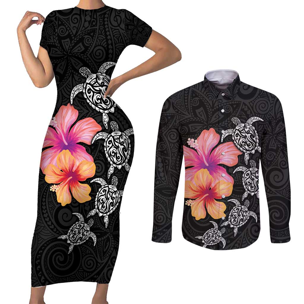 Hawaiian Hibiscus Turtle Tribal Polynesian Pattern Couples Matching Short Sleeve Bodycon Dress and Long Sleeve Button Shirt Black Color LT03 Black - Polynesian Pride