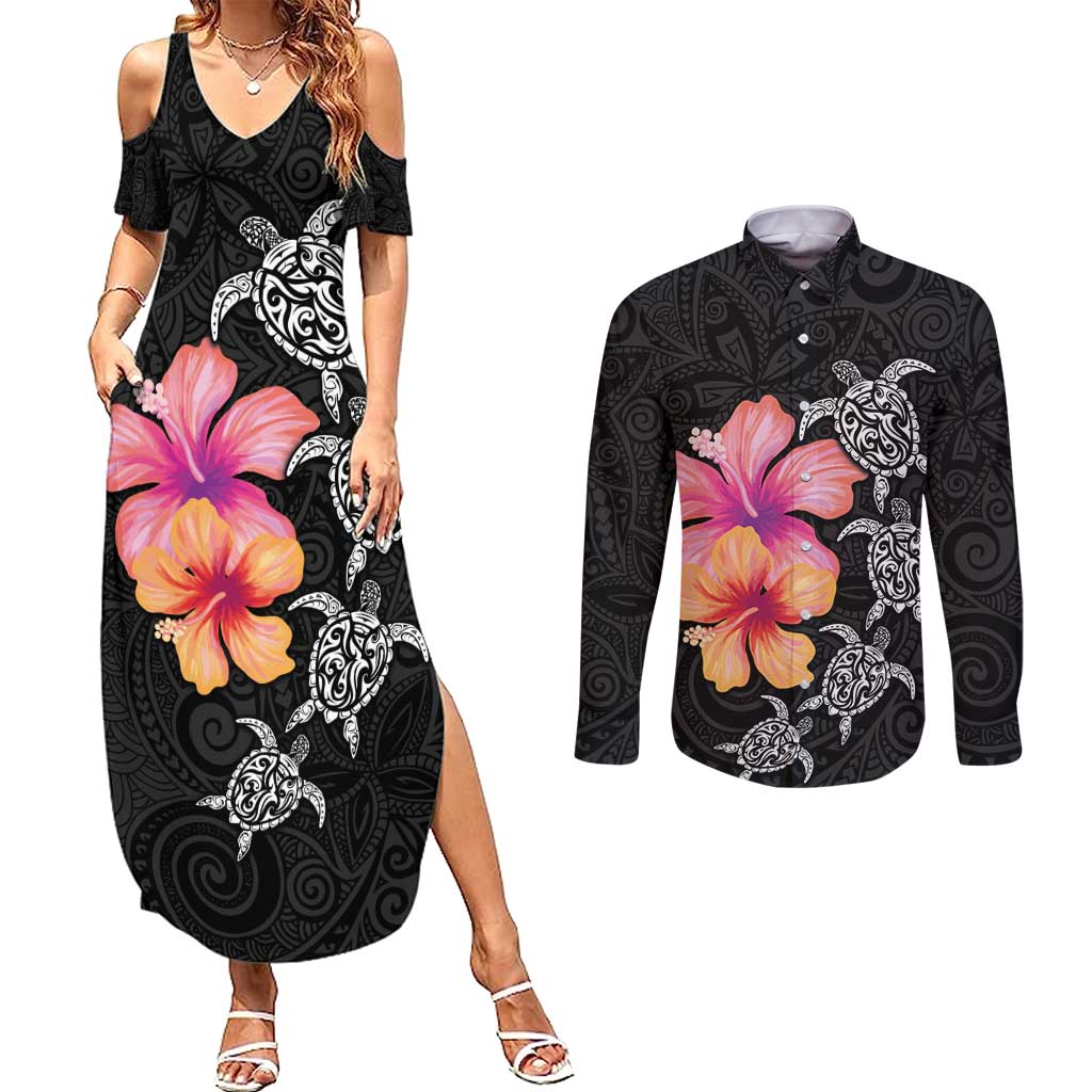 Hawaiian Hibiscus Turtle Tribal Polynesian Pattern Couples Matching Summer Maxi Dress and Long Sleeve Button Shirt Black Color LT03 Black - Polynesian Pride