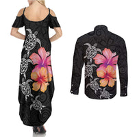 Hawaiian Hibiscus Turtle Tribal Polynesian Pattern Couples Matching Summer Maxi Dress and Long Sleeve Button Shirt Black Color LT03 - Polynesian Pride