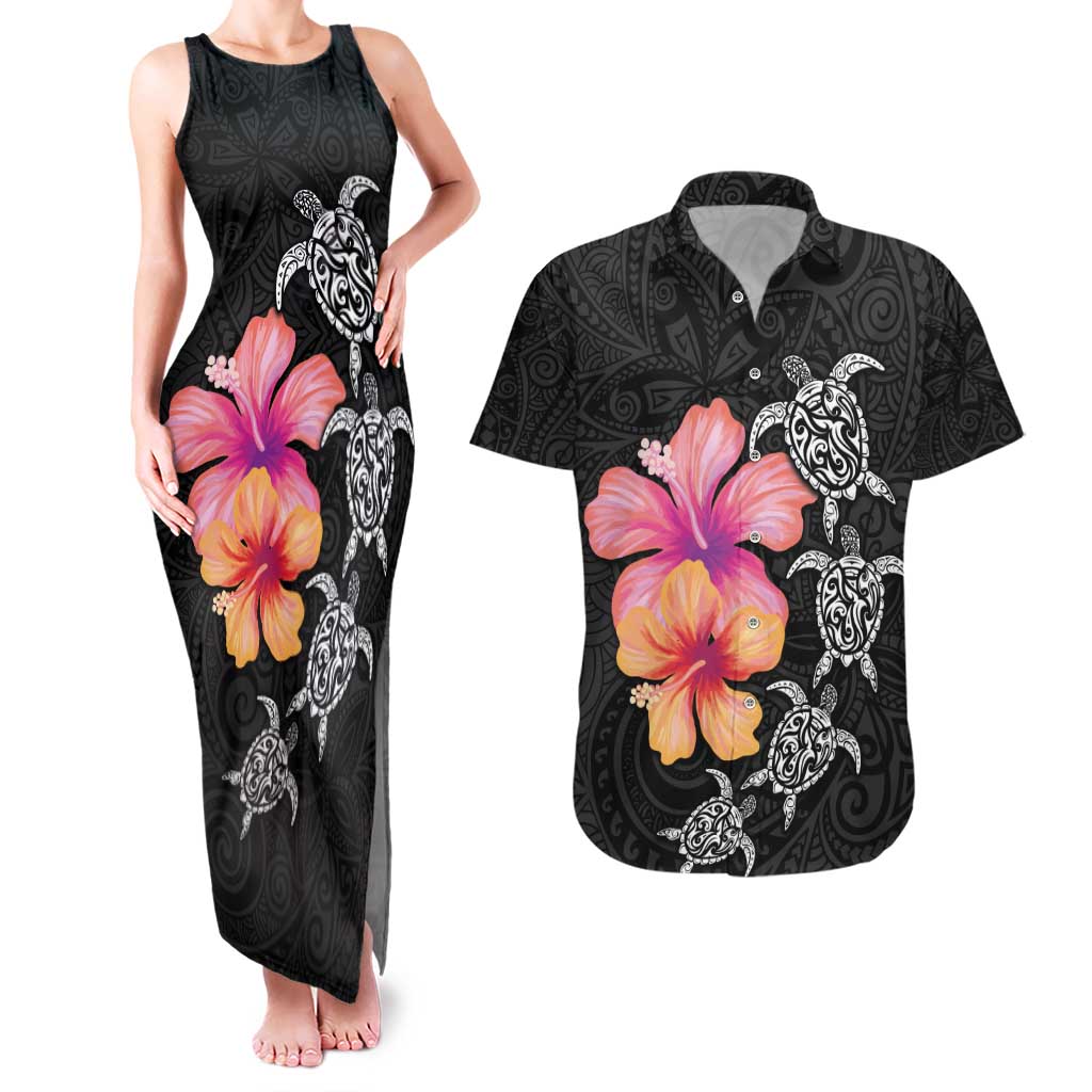 Hawaiian Hibiscus Turtle Tribal Polynesian Pattern Couples Matching Tank Maxi Dress and Hawaiian Shirt Black Color LT03 Black - Polynesian Pride