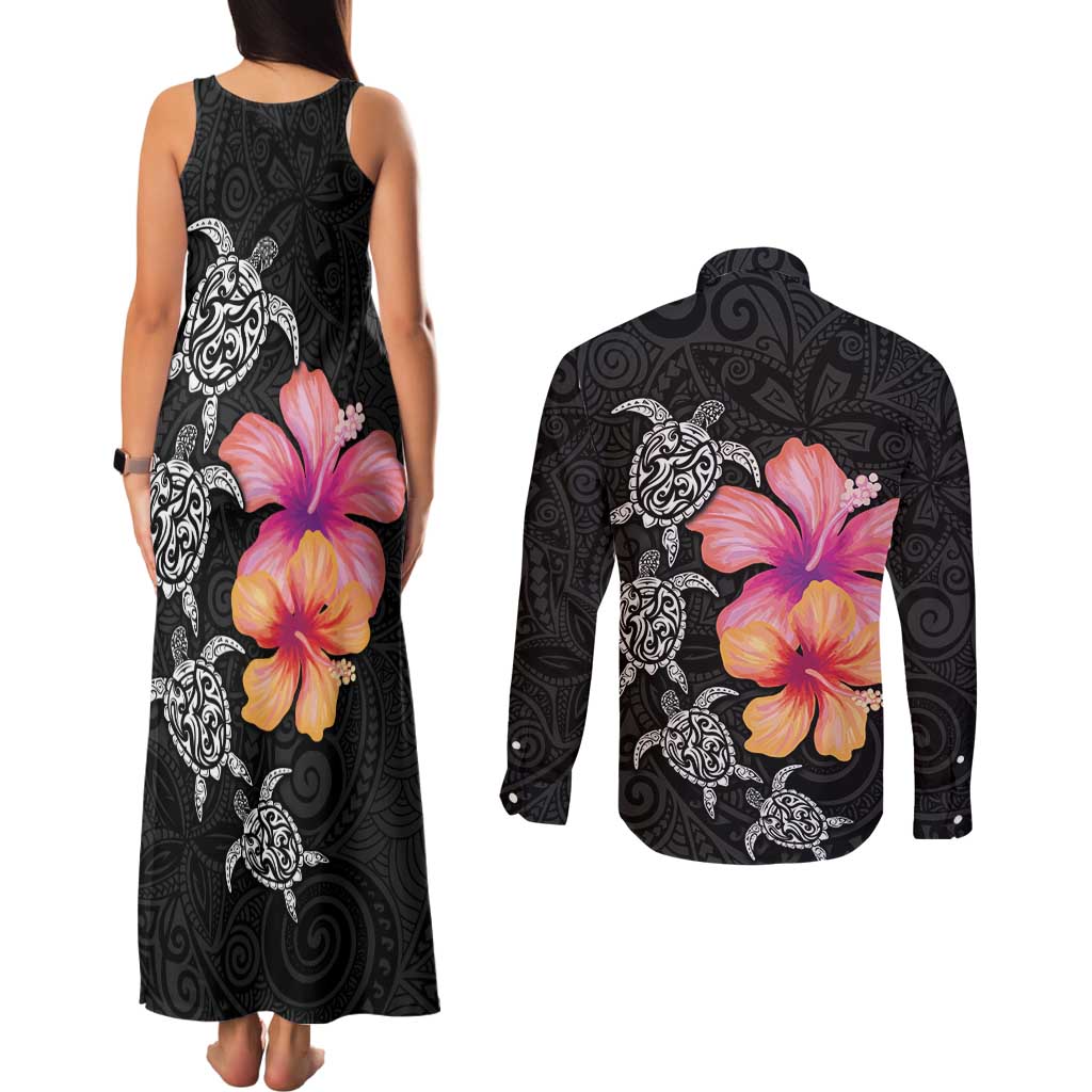 Hawaiian Hibiscus Turtle Tribal Polynesian Pattern Couples Matching Tank Maxi Dress and Long Sleeve Button Shirt Black Color LT03 - Polynesian Pride