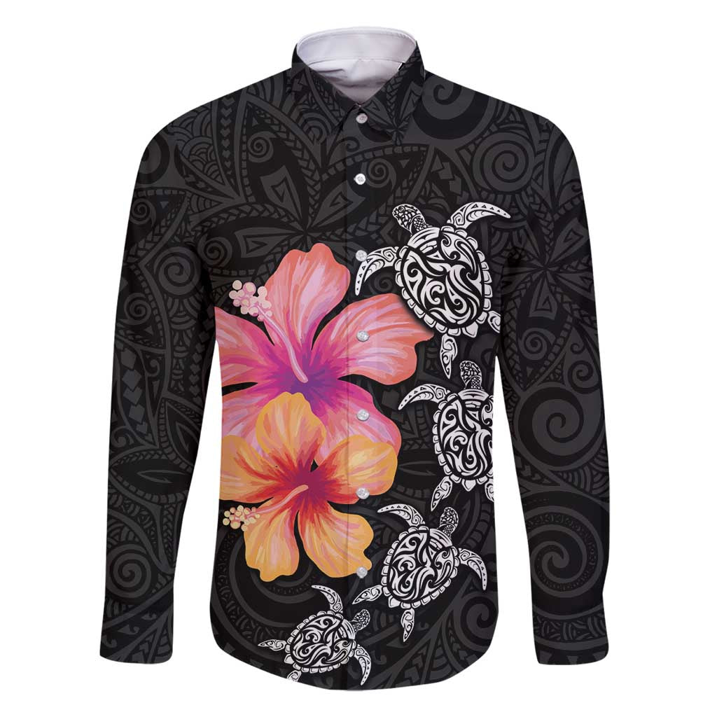 Hawaiian Hibiscus Turtle Tribal Polynesian Pattern Family Matching Long Sleeve Bodycon Dress and Hawaiian Shirt Black Color