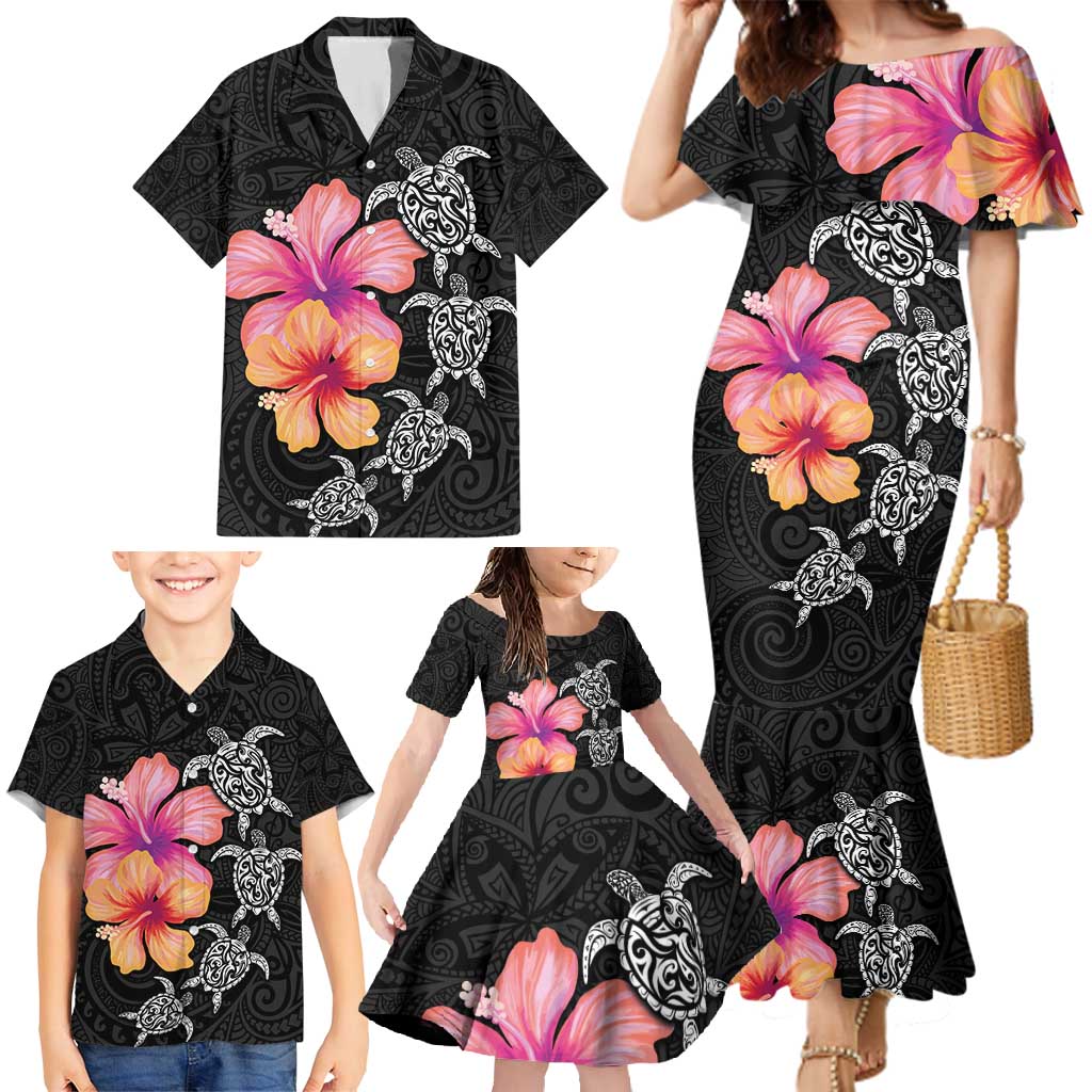 Hawaiian Hibiscus Turtle Tribal Polynesian Pattern Family Matching Mermaid Dress and Hawaiian Shirt Black Color