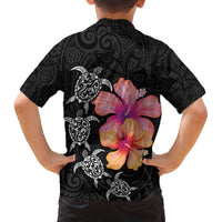 Hawaiian Hibiscus Turtle Tribal Polynesian Pattern Family Matching Off The Shoulder Long Sleeve Dress and Hawaiian Shirt Black Color