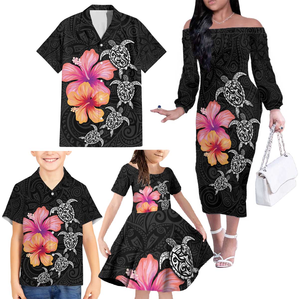 Hawaiian Hibiscus Turtle Tribal Polynesian Pattern Family Matching Off The Shoulder Long Sleeve Dress and Hawaiian Shirt Black Color