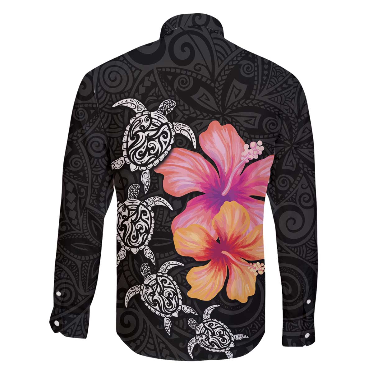 Hawaiian Hibiscus Turtle Tribal Polynesian Pattern Family Matching Off The Shoulder Long Sleeve Dress and Hawaiian Shirt Black Color