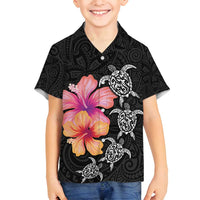 Hawaiian Hibiscus Turtle Tribal Polynesian Pattern Family Matching Off Shoulder Maxi Dress and Hawaiian Shirt Black Color LT03 Son's Shirt Black - Polynesian Pride