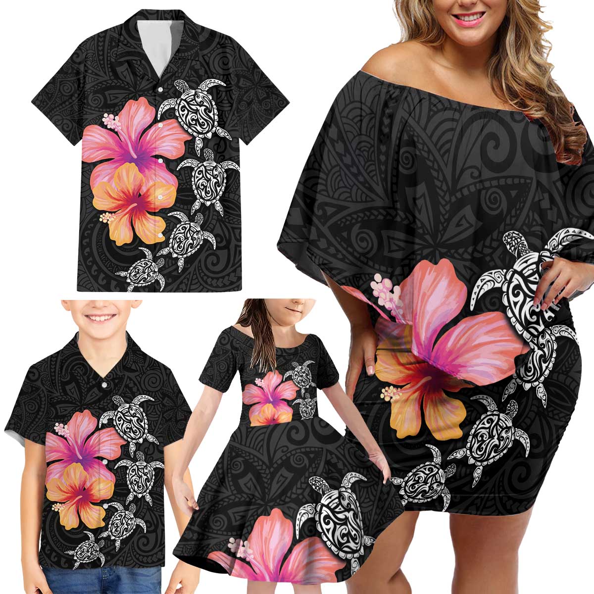 Hawaiian Hibiscus Turtle Tribal Polynesian Pattern Family Matching Off Shoulder Short Dress and Hawaiian Shirt Black Color