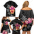 Hawaiian Hibiscus Turtle Tribal Polynesian Pattern Family Matching Off Shoulder Short Dress and Hawaiian Shirt Black Color