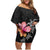 Hawaiian Hibiscus Turtle Tribal Polynesian Pattern Family Matching Off Shoulder Short Dress and Hawaiian Shirt Black Color