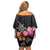 Hawaiian Hibiscus Turtle Tribal Polynesian Pattern Family Matching Off Shoulder Short Dress and Hawaiian Shirt Black Color