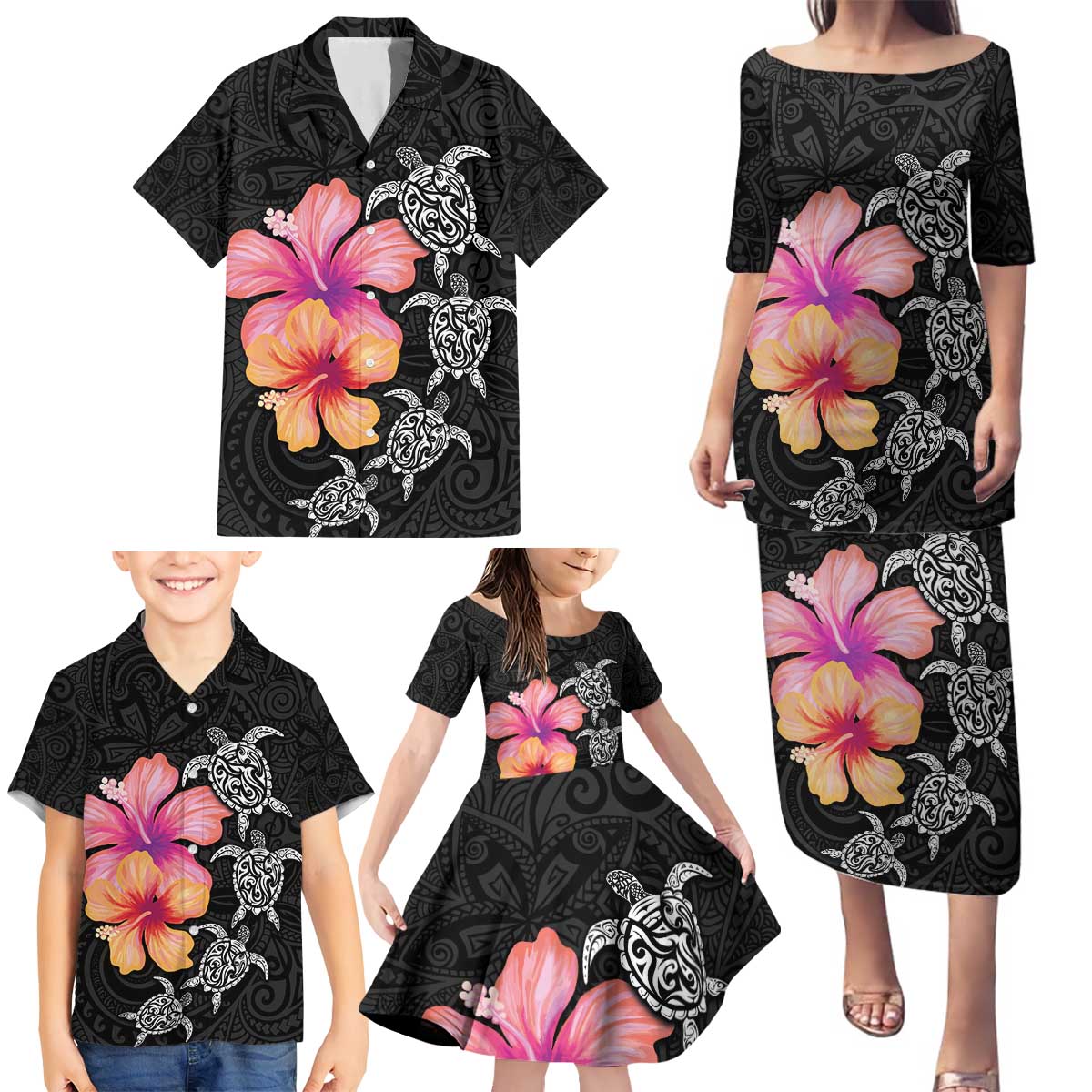 Hawaiian Hibiscus Turtle Tribal Polynesian Pattern Family Matching Puletasi and Hawaiian Shirt Black Color LT03 - Polynesian Pride