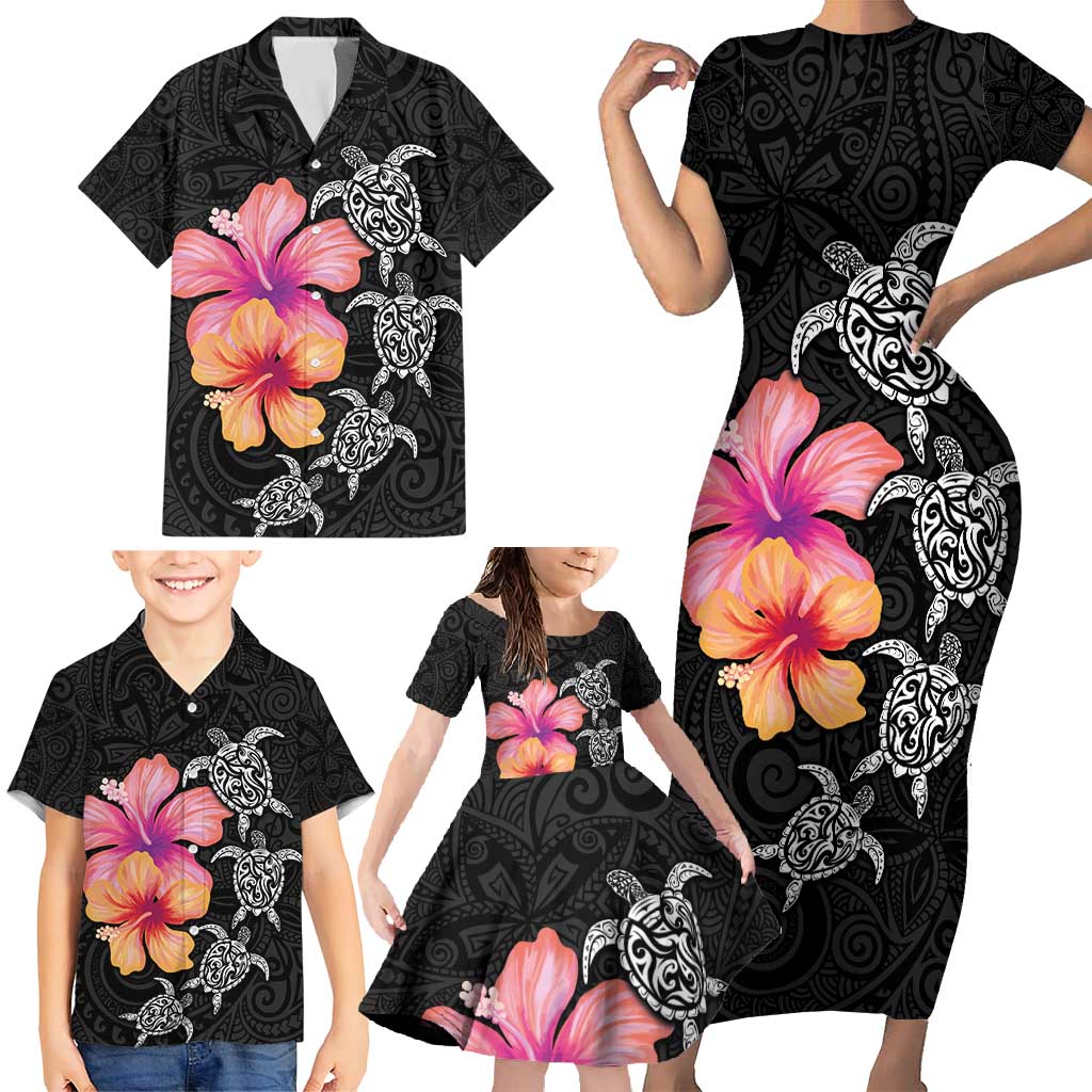 Hawaiian Hibiscus Turtle Tribal Polynesian Pattern Family Matching Short Sleeve Bodycon Dress and Hawaiian Shirt Black Color