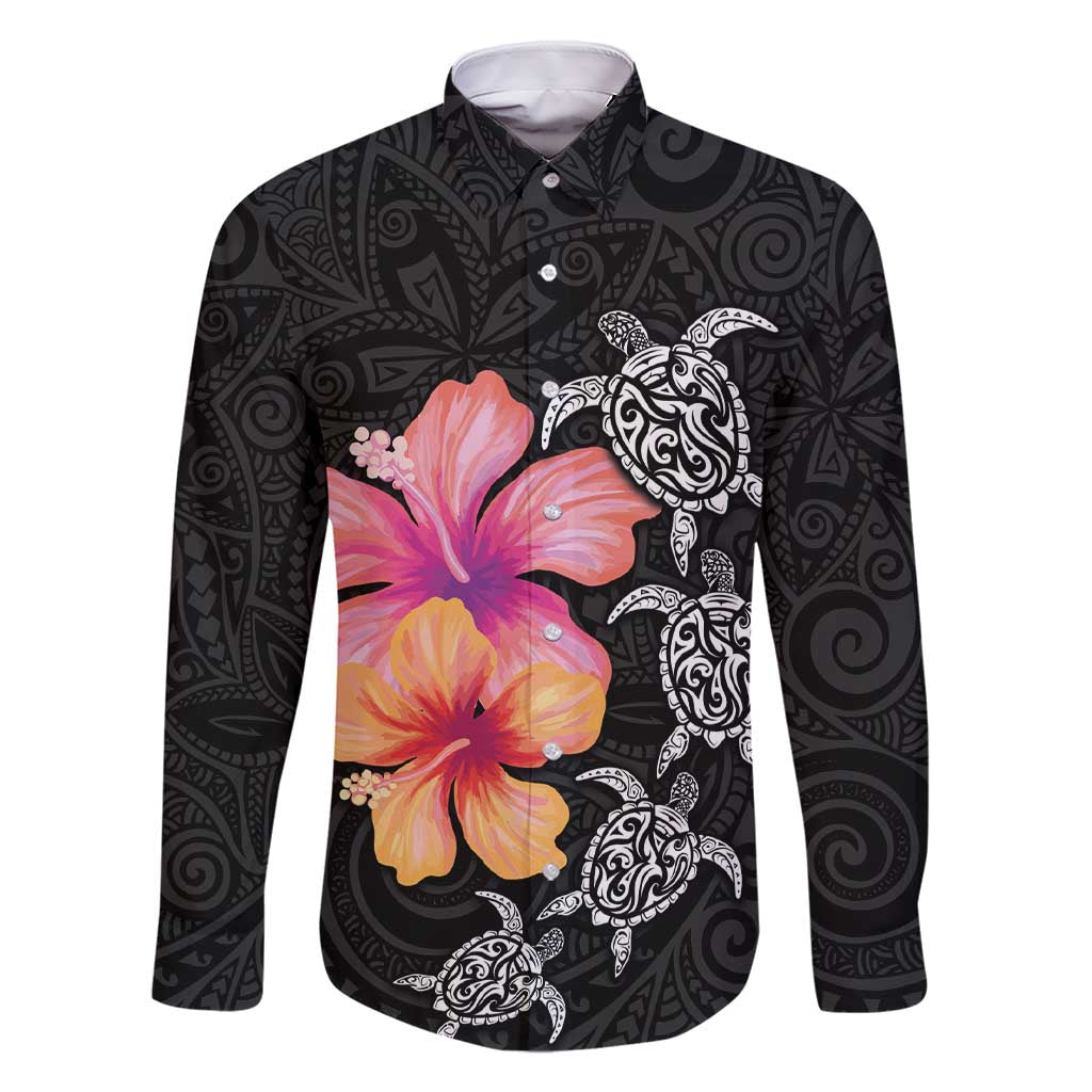 Hawaiian Hibiscus Turtle Tribal Polynesian Pattern Family Matching Short Sleeve Bodycon Dress and Hawaiian Shirt Black Color