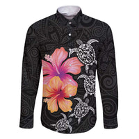 Hawaiian Hibiscus Turtle Tribal Polynesian Pattern Family Matching Short Sleeve Bodycon Dress and Hawaiian Shirt Black Color