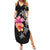 Hawaiian Hibiscus Turtle Tribal Polynesian Pattern Family Matching Summer Maxi Dress and Hawaiian Shirt Black Color