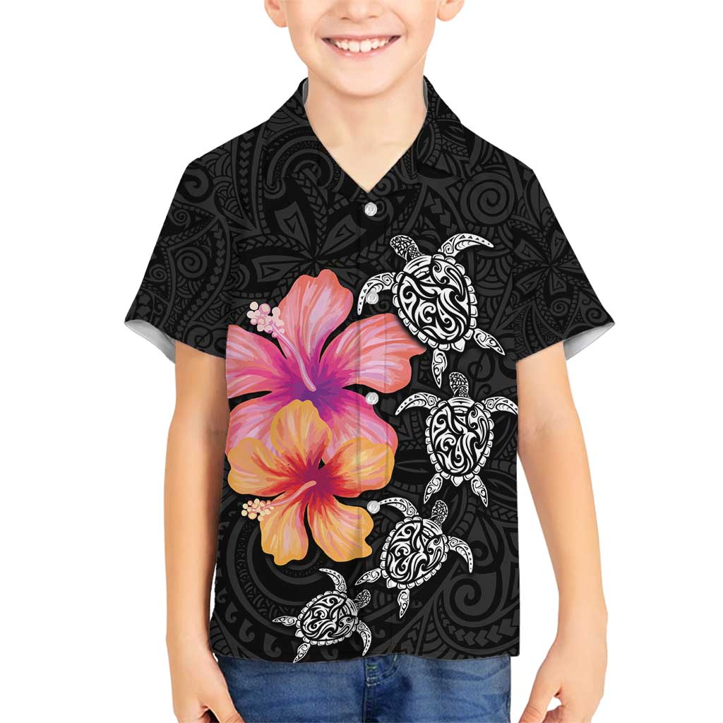 Hawaiian Hibiscus Turtle Tribal Polynesian Pattern Family Matching Summer Maxi Dress and Hawaiian Shirt Black Color LT03 Son's Shirt Black - Polynesian Pride