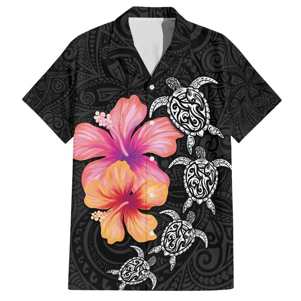 Hawaiian Hibiscus Turtle Tribal Polynesian Pattern Hawaiian Shirt Black Color