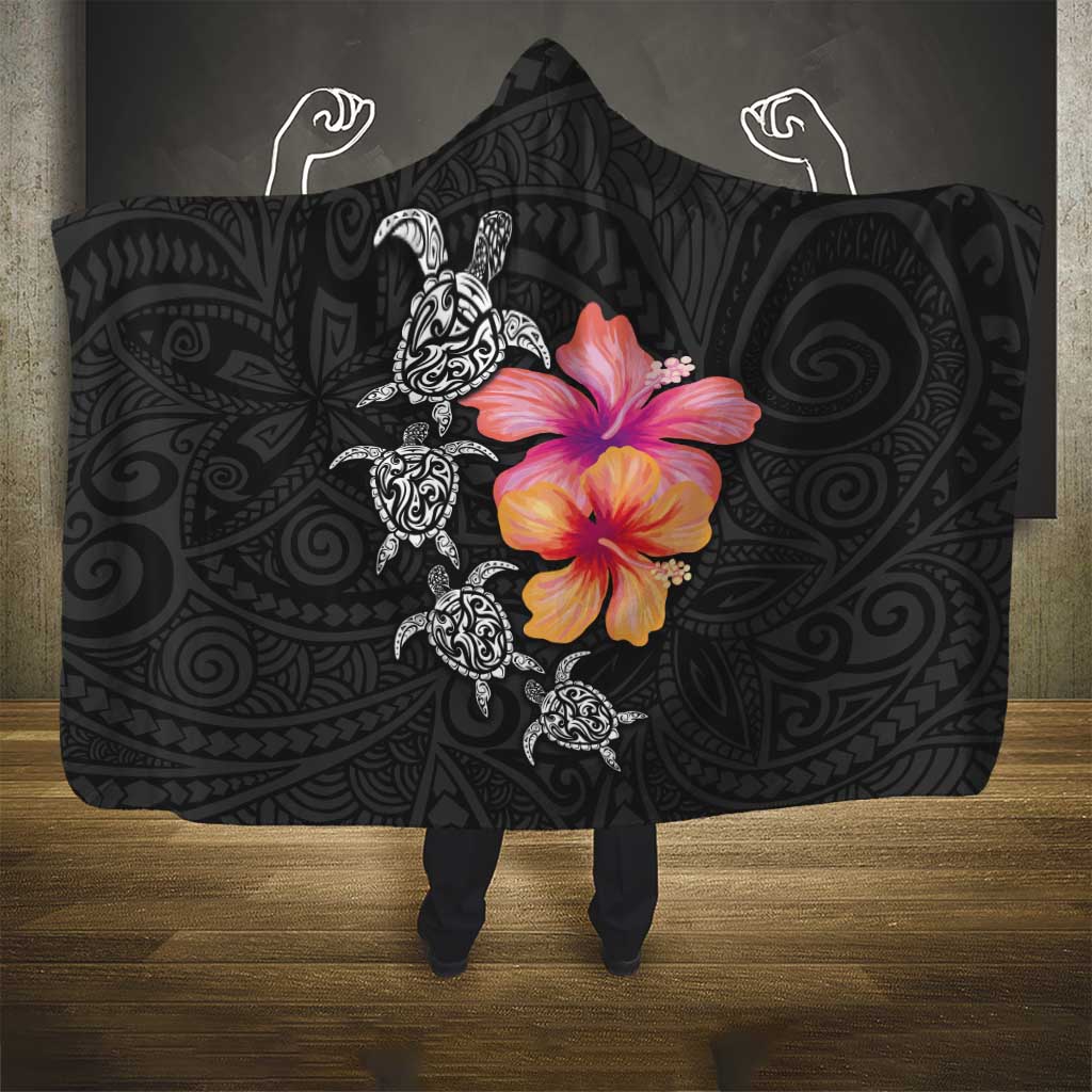 Hawaiian Hibiscus Turtle Tribal Polynesian Pattern Hooded Blanket Black Color LT03 - Polynesian Pride