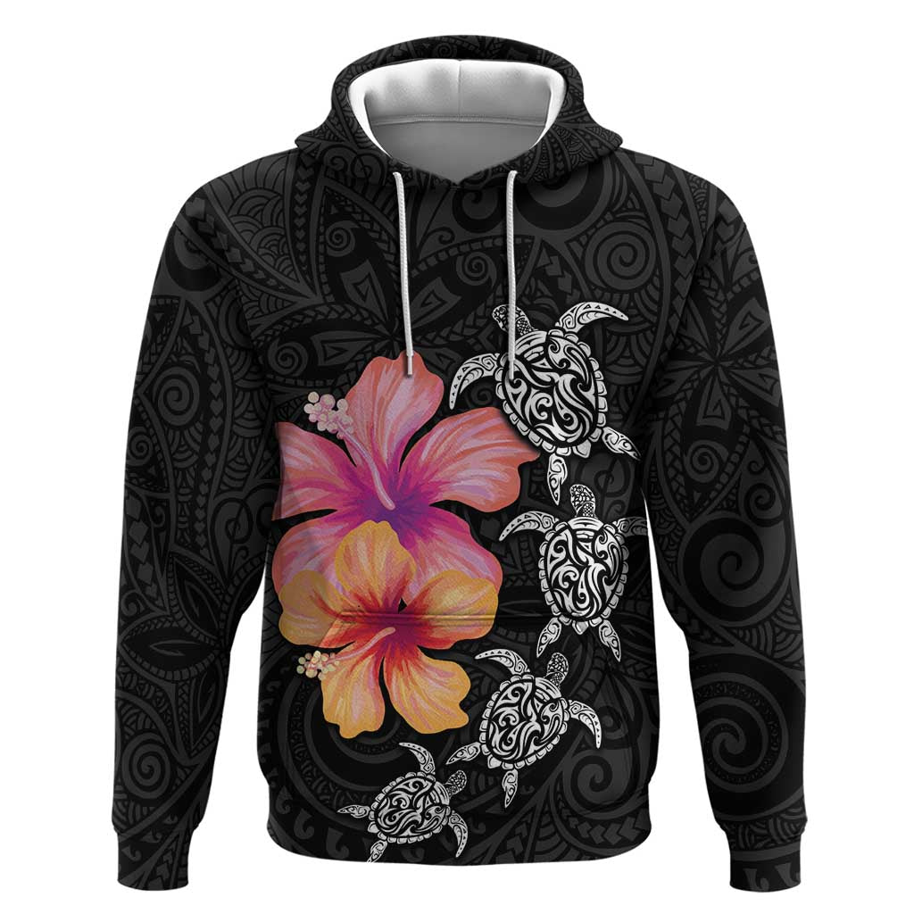 Hawaiian Hibiscus Turtle Tribal Polynesian Pattern Hoodie Black Color