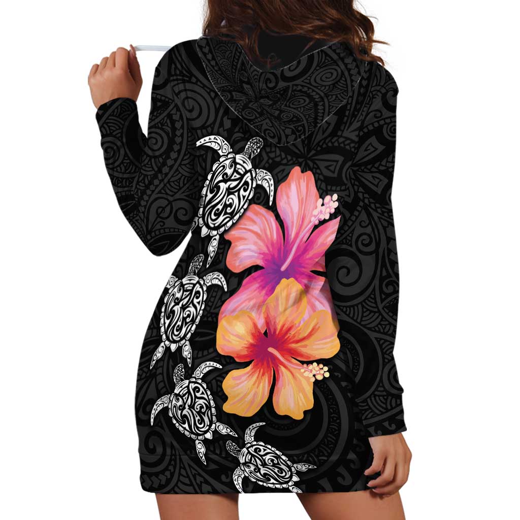 Hawaiian Hibiscus Turtle Tribal Polynesian Pattern Hoodie Dress Black Color LT03 - Polynesian Pride