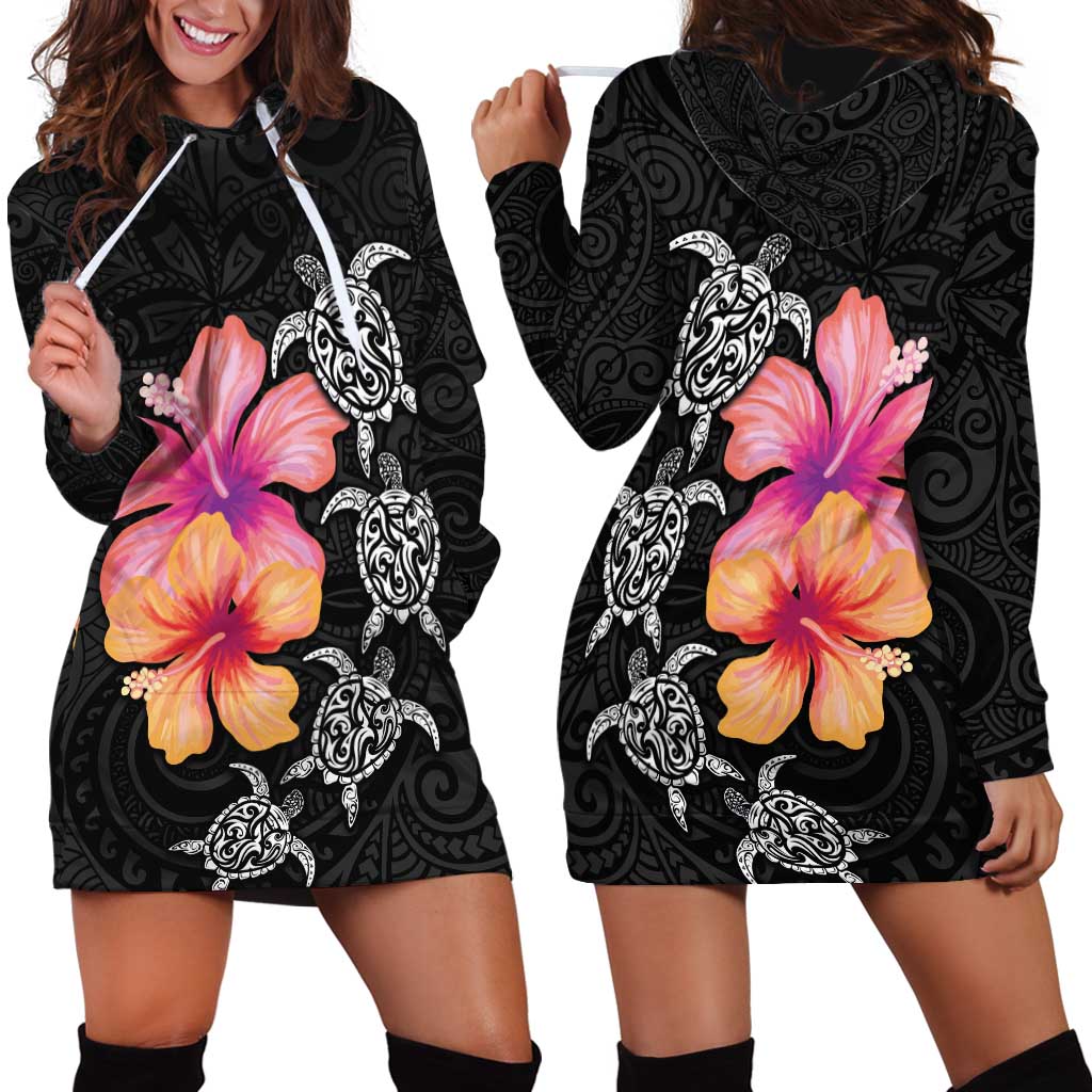 Hawaiian Hibiscus Turtle Tribal Polynesian Pattern Hoodie Dress Black Color LT03 - Polynesian Pride