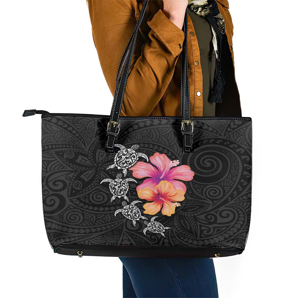 Hawaiian Hibiscus Turtle Tribal Polynesian Pattern Leather Tote Bag Black Color LT03 - Polynesian Pride