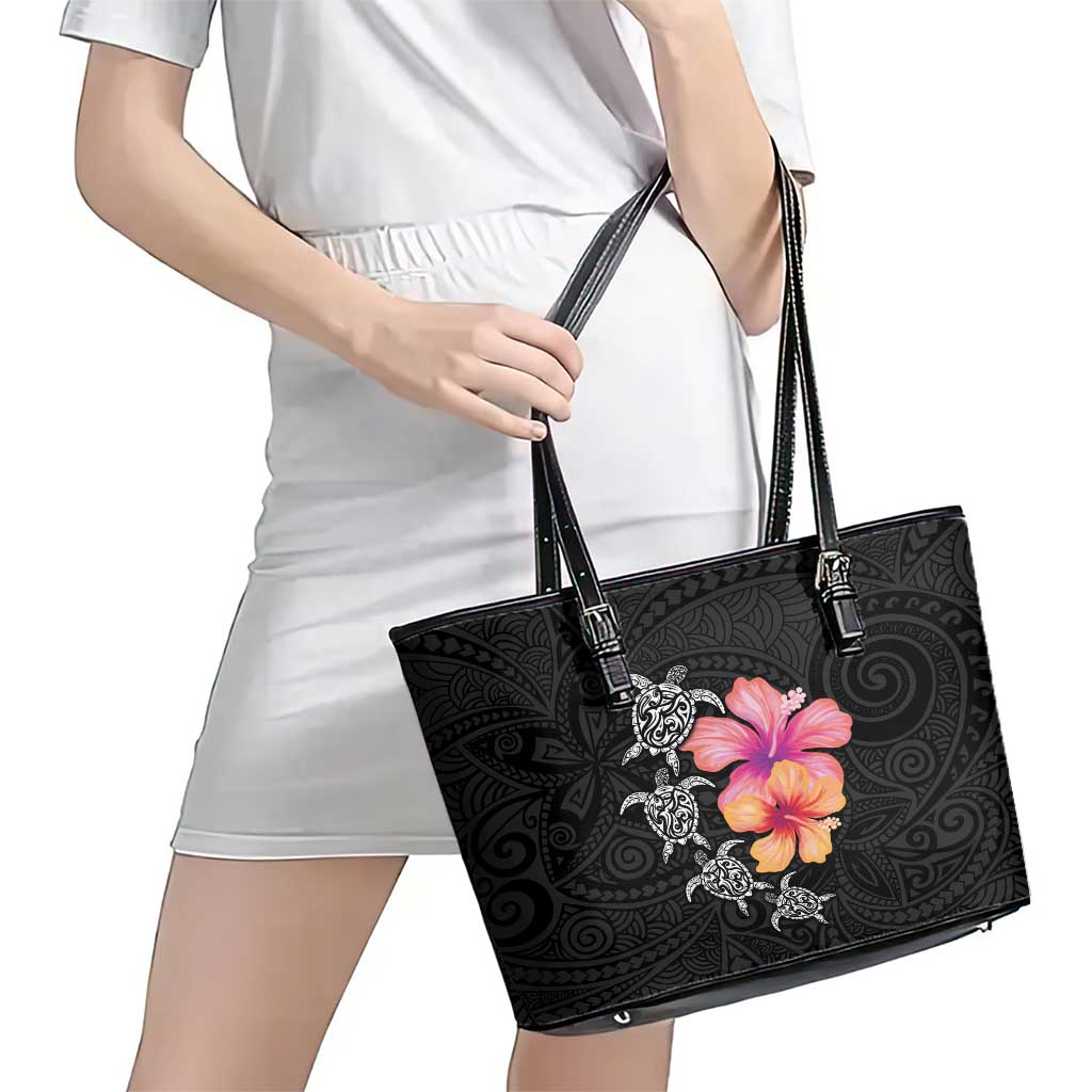 Hawaiian Hibiscus Turtle Tribal Polynesian Pattern Leather Tote Bag Black Color LT03 - Polynesian Pride