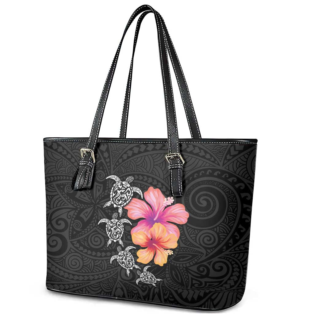 Hawaiian Hibiscus Turtle Tribal Polynesian Pattern Leather Tote Bag Black Color LT03 - Polynesian Pride