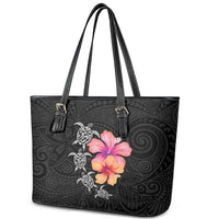 Hawaiian Hibiscus Turtle Tribal Polynesian Pattern Leather Tote Bag Black Color LT03 - Polynesian Pride