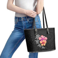 Hawaiian Hibiscus Turtle Tribal Polynesian Pattern Leather Tote Bag Black Color LT03 - Polynesian Pride