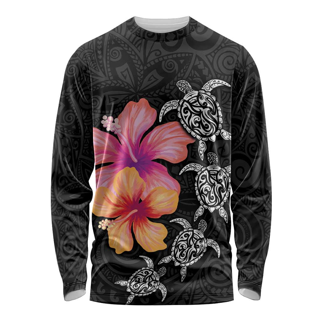 Hawaiian Hibiscus Turtle Tribal Polynesian Pattern Long Sleeve Shirt Black Color