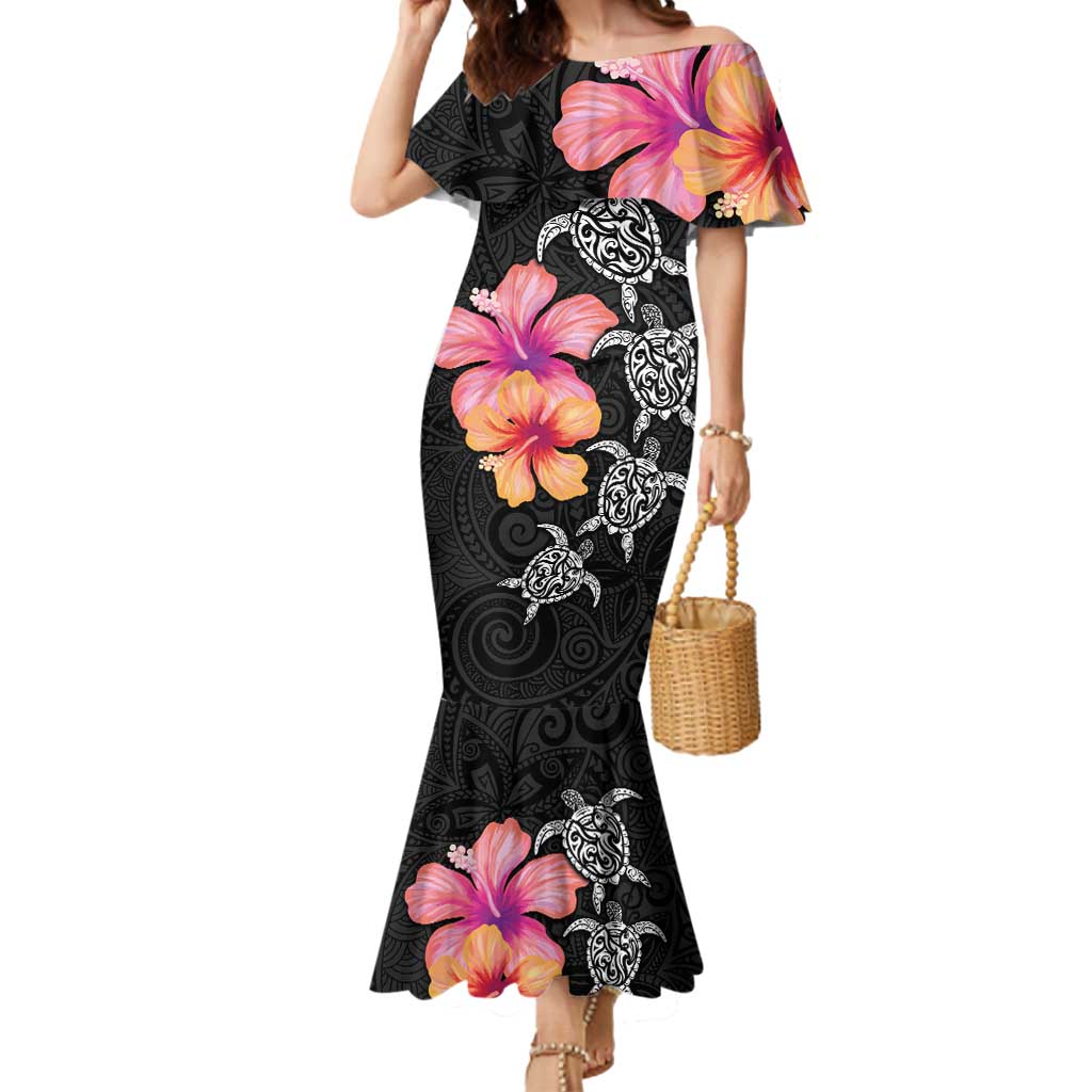 Hawaiian Hibiscus Turtle Tribal Polynesian Pattern Mermaid Dress Black Color