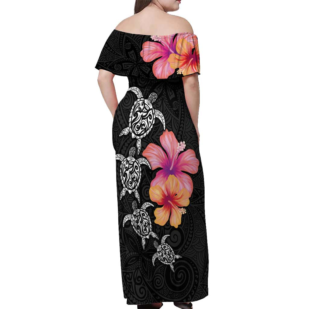 Hawaiian Hibiscus Turtle Tribal Polynesian Pattern Off Shoulder Maxi Dress Black Color LT03 - Polynesian Pride