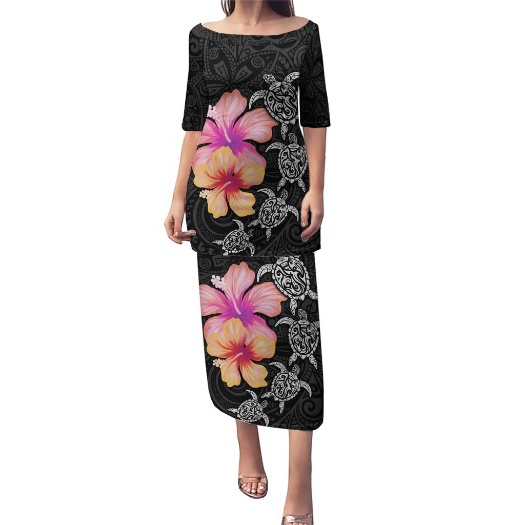 Hawaiian Hibiscus Turtle Tribal Polynesian Pattern Puletasi Black Color LT03 Long Dress Black - Polynesian Pride