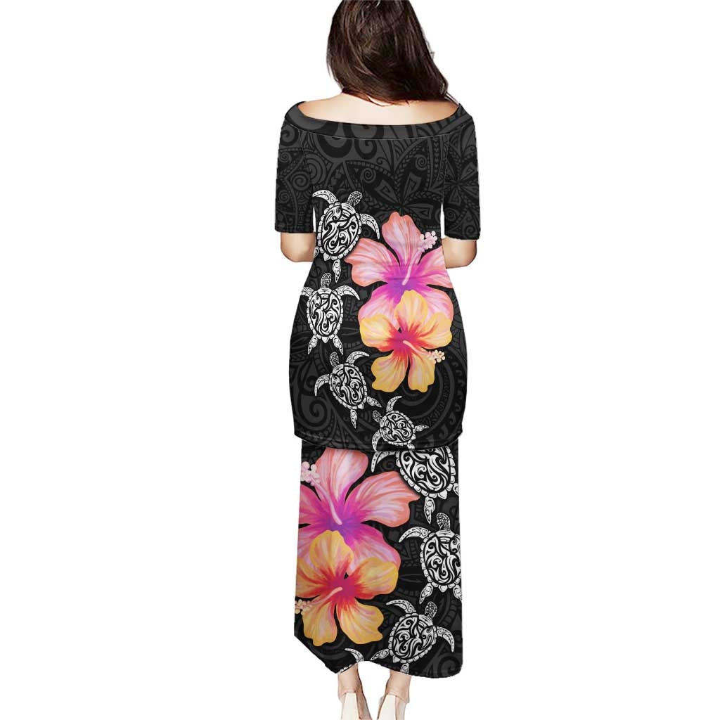 Hawaiian Hibiscus Turtle Tribal Polynesian Pattern Puletasi Black Color LT03 - Polynesian Pride