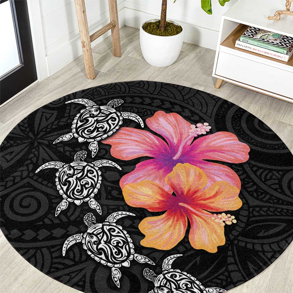 Hawaiian Hibiscus Turtle Tribal Polynesian Pattern Round Carpet Black Color