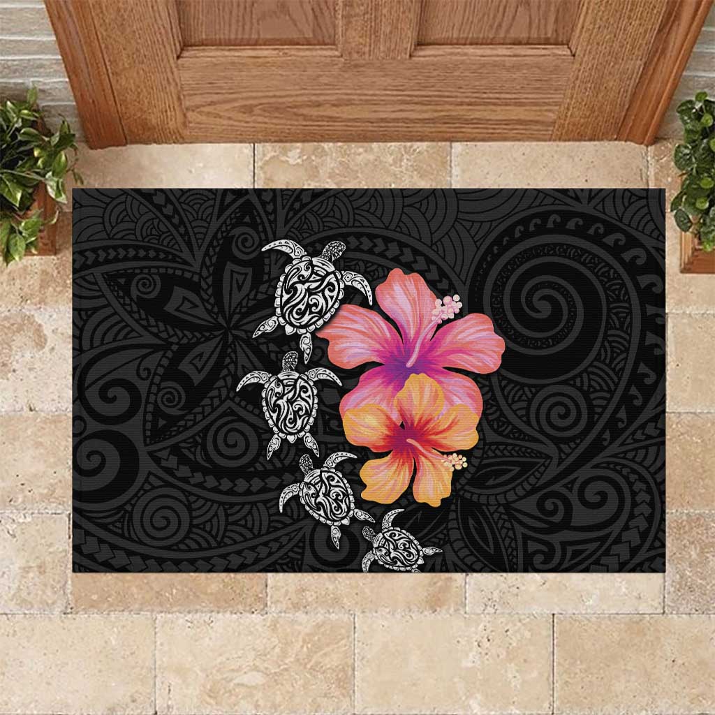 Hawaiian Hibiscus Turtle Tribal Polynesian Pattern Rubber Doormat Black Color LT03 Black - Polynesian Pride