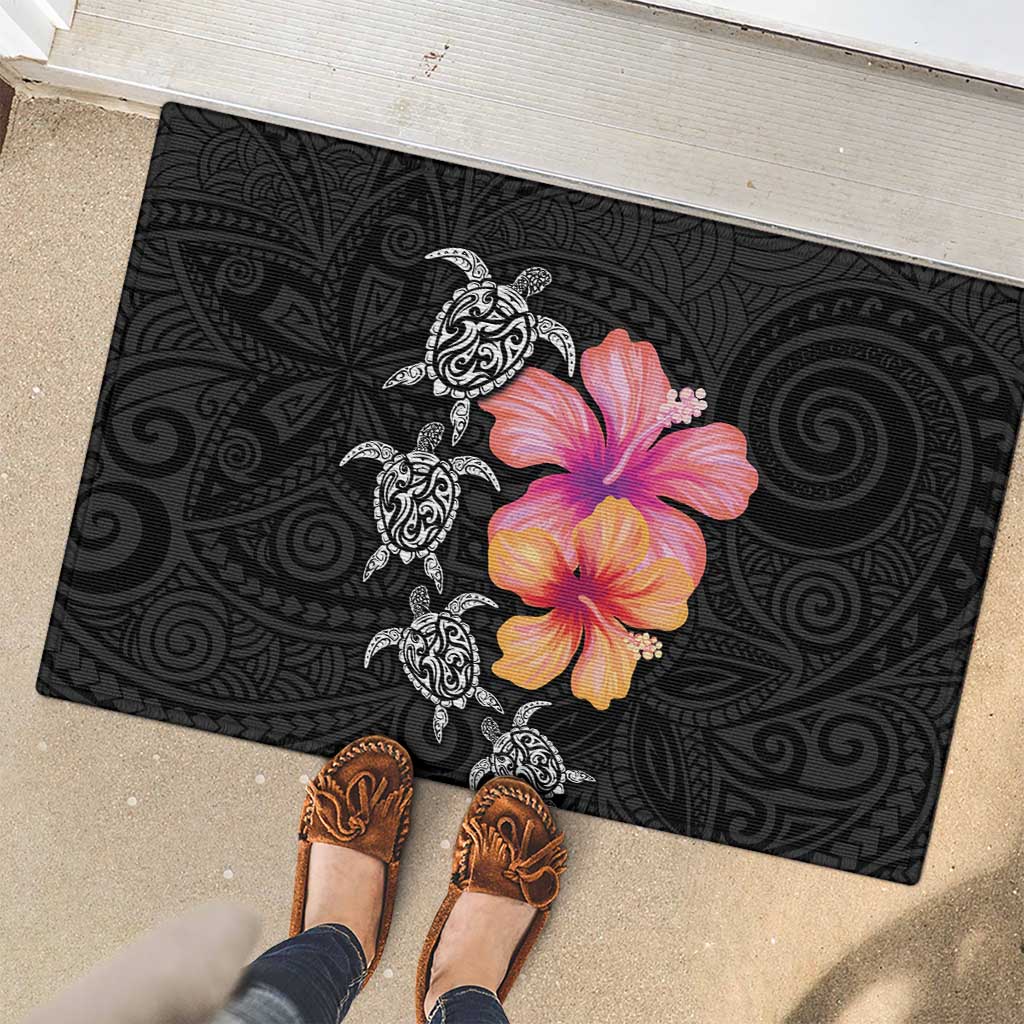 Hawaiian Hibiscus Turtle Tribal Polynesian Pattern Rubber Doormat Black Color