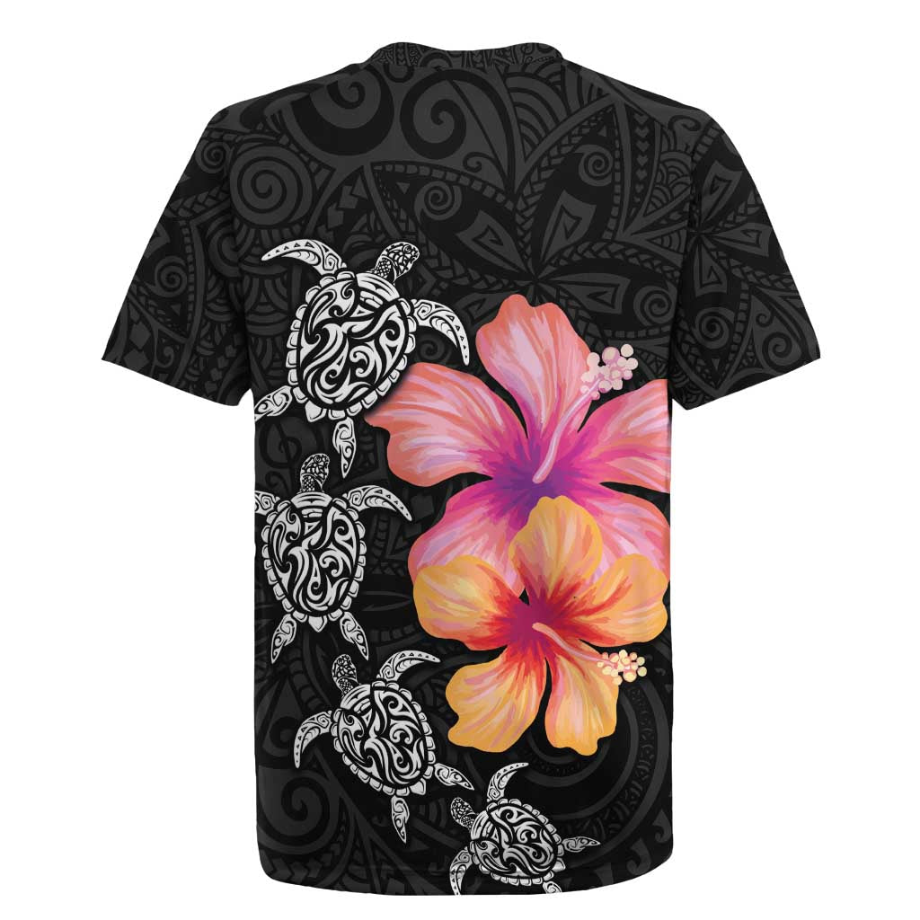 Hawaiian Hibiscus Turtle Tribal Polynesian Pattern Rugby Jersey Black Color